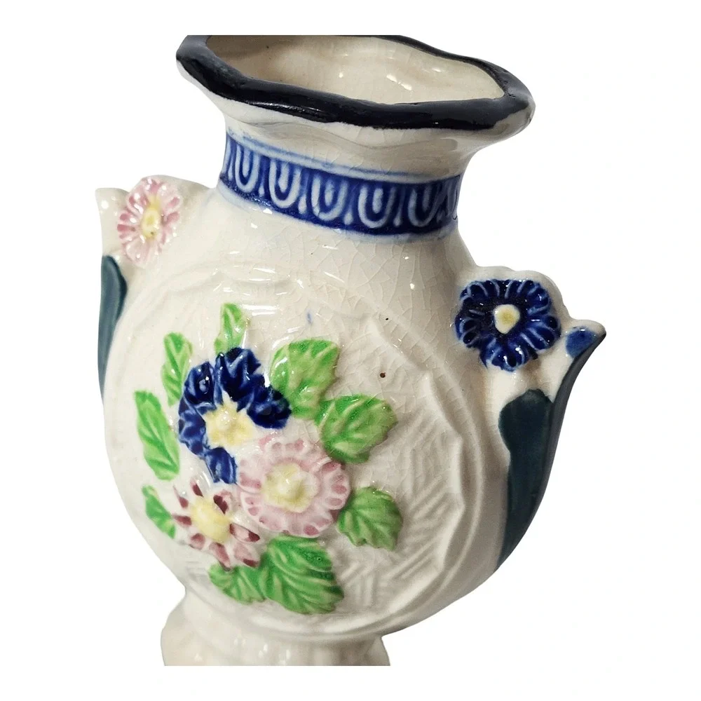 Vintage Made in Japan Floral Relief Ceramic Bud Vase Blue Pink Cream 6.25 inch